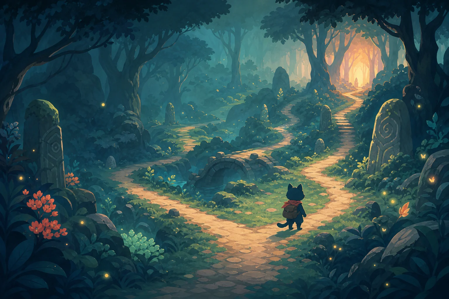 An enchanted forest crossed by several mysterious paths