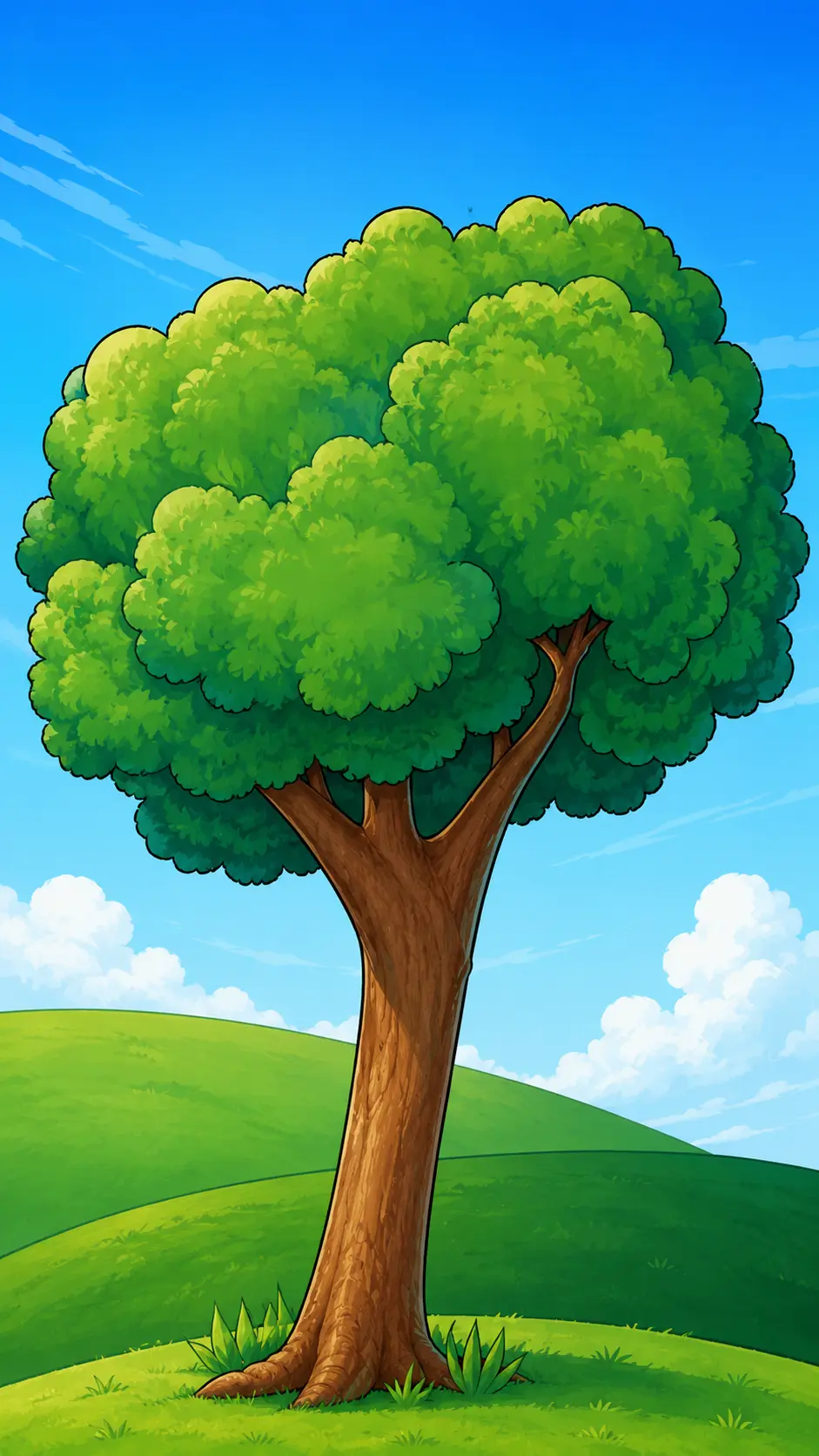 A bright green tree standing over rolling hills